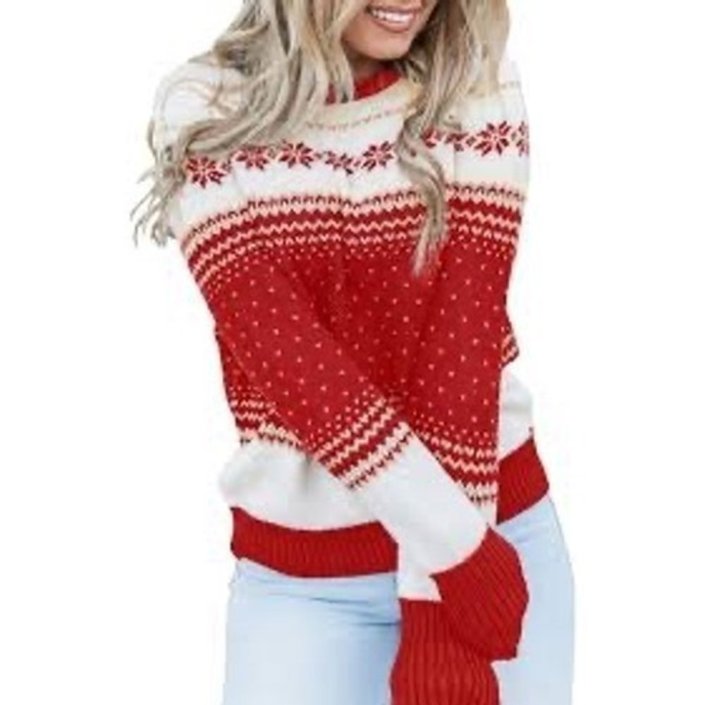 NEW Women's Red Snowflake Fair Isle Ugly Christmas Sweater Long Sleeve Cozy Knit